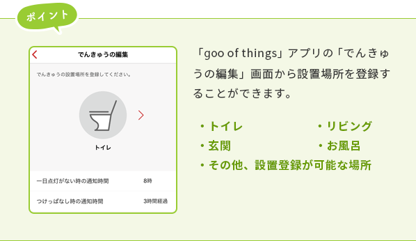 ポイント 「goo of things」アプリの「でんきゅうの編集」画面から設置場所を登録することができます。